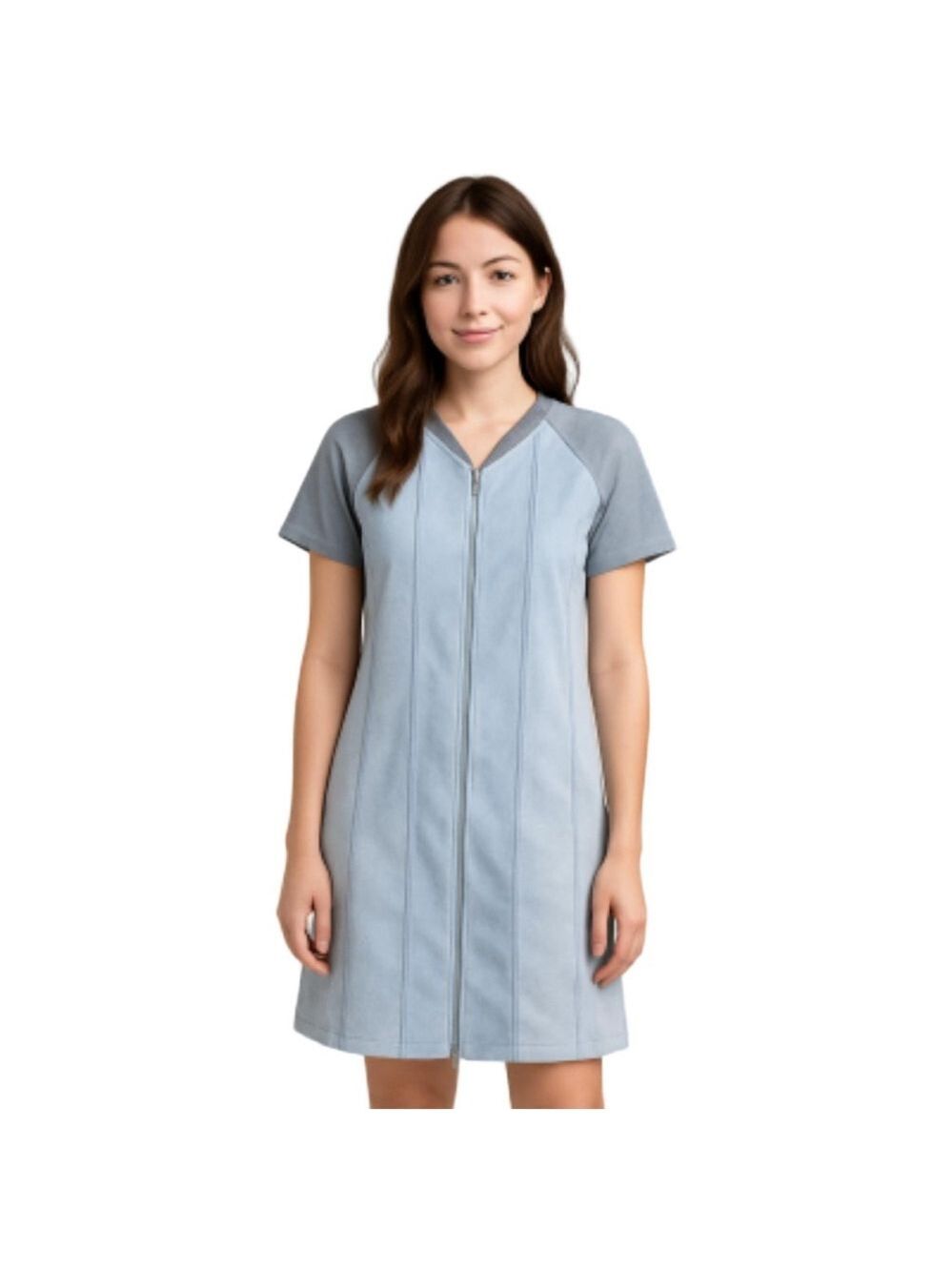 Vegan Faux Suede Panelled Pale Blue & Light Blue Short Sleeve Knee Length Dress